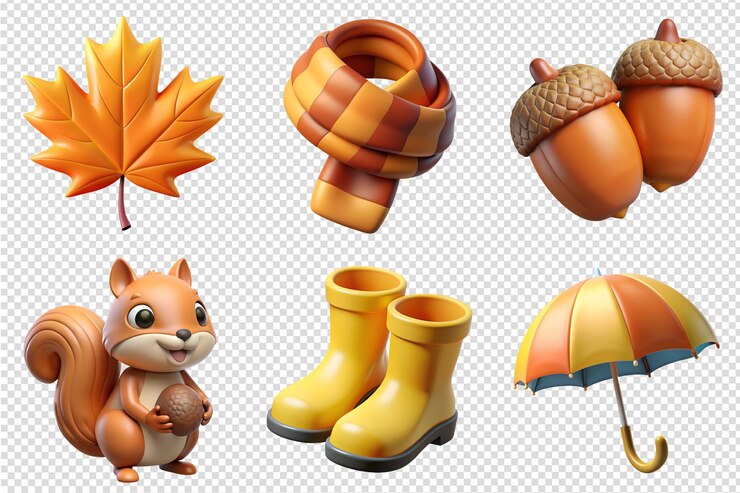 Vector collection of autumn elements including maple leaf acorns umbrella rubber boots cute squirrel
