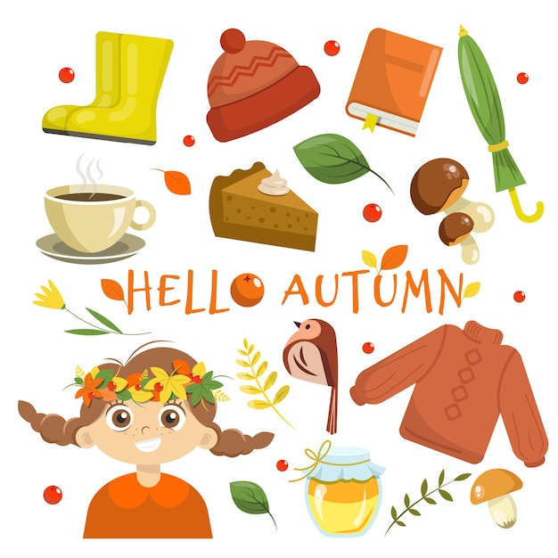 Collection of autumn elements with cute girl character and phrase hello autumn vector illustration in cartoon style set of cute autumn icons or stickers