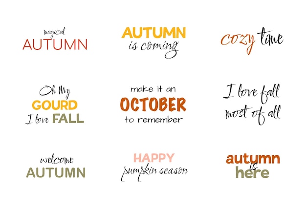 Collection of autumn hand lettering and calligraphy design elements isolated on white background.