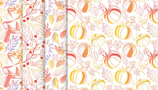 Collection of autumn patterns with leaves,berriess,pumpkins,mushrooms in fall colors.