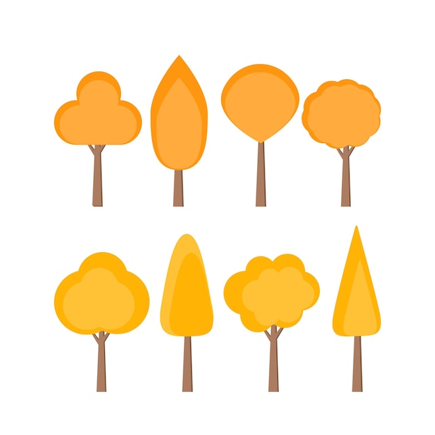 Collection of autumn trees with yellow and orange foliage in flat style