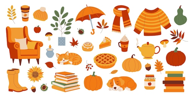 A collection of autumnthemed items including a cat a dog a chair a book