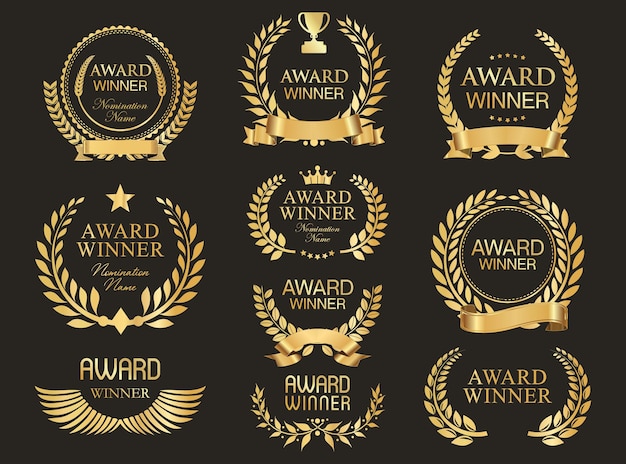 Collection of award winner gold laurel wreath vector illustration