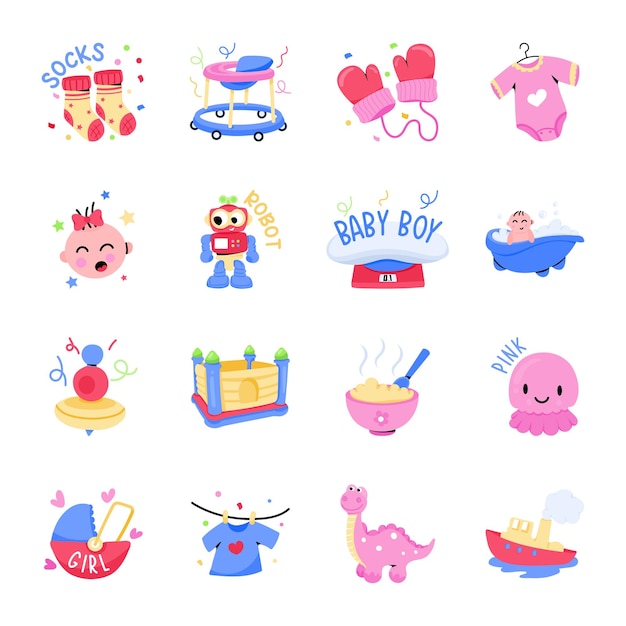 Collection of baby shower and toys flat stickers