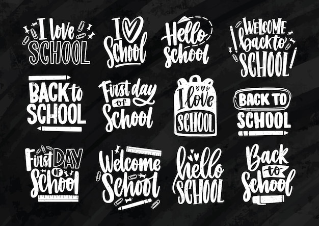 Collection of Back to School lettering written with elegant calligraphic font and decorated with stationary. Set of handwritten slogans or phrases isolated on black background. Vector illustration