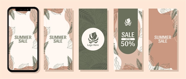 Collection background instagram stories sosial media summer tropical leaf vector