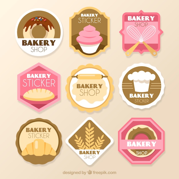 collection of bakery stickers in flat style