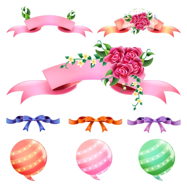 a collection of balloons and banners for a birthday party