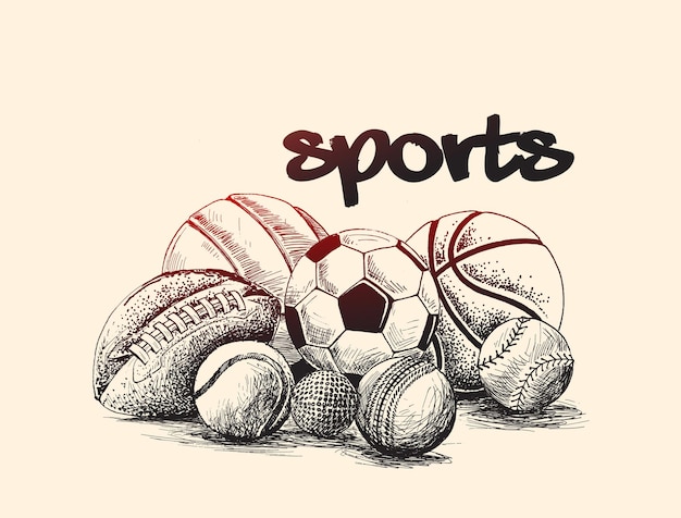 Collezione di palline sportive banner sfondo vettoriale di schizzo disegnato a mano