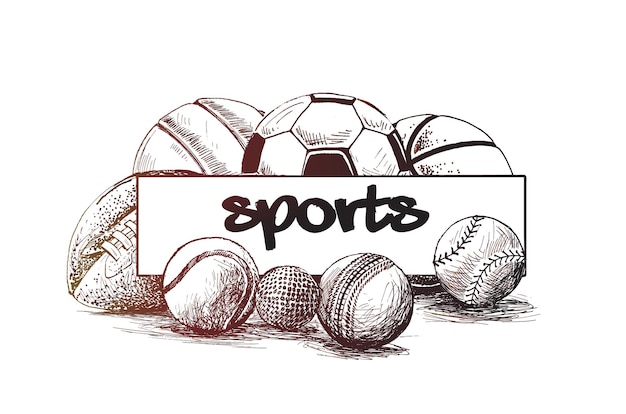 Collection of balls sports balls banner hand drawn sketch vector background