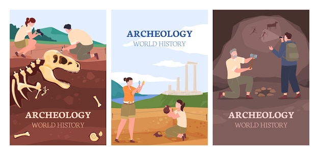 Collection of banners of archaeologists who excavate artifacts skeletons of ancient animals study ro