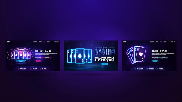 Vector collection of banners with casino neon cards digital neon casino web banners set