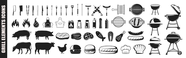 バーベキュー関連ベクトルのコレクション BBQ バーベキュー グリル ベクトル図