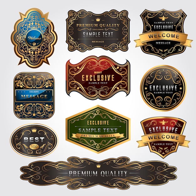 Collection of baroque style gold frame labels design set