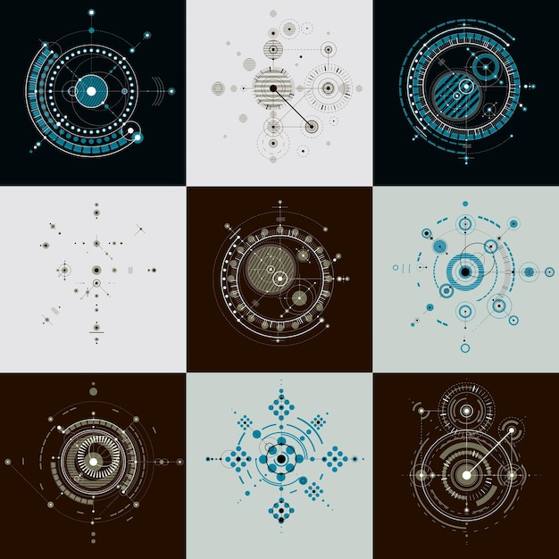 Collection of Bauhaus retro wallpapers, art vector background made using lines and circles. Geometric graphic 1960s illustration can be used as booklet cover design. Technological pattern.