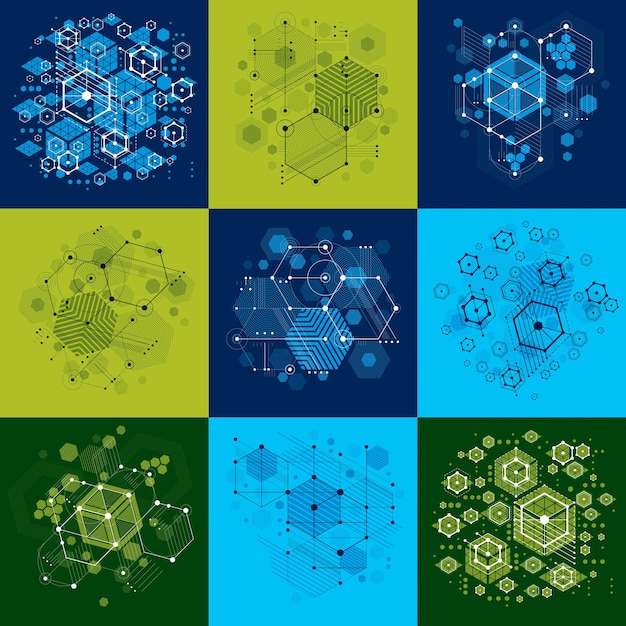 Collection of Bauhaus retro wallpapers, art vector backgrounds made using hexagons and circles. Geometric graphic 1960s illustrations can be used as booklets cover design.