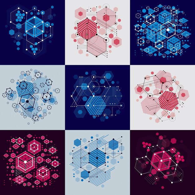 Collection of Bauhaus retro wallpapers, art vector backgrounds made using hexagons and circles. Geometric graphic 1960s illustrations can be used as booklets cover design.