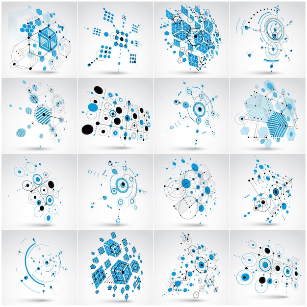 Collection of Bauhaus retro wallpapers, art vector backgrounds made using hexagons and circles. Geometric graphic 1960s illustrations can be used as booklets cover design.