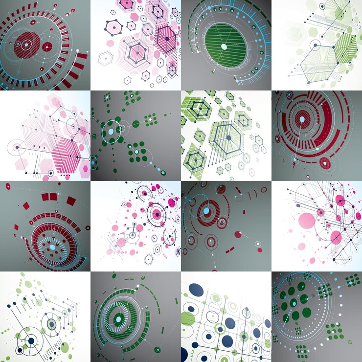 Vector collection of bauhaus wallpapers, art dimensional vector background made with honeycombs, lines and circles. graphic 1960s illustration can be used as booklet cover design. 3d technological pattern.