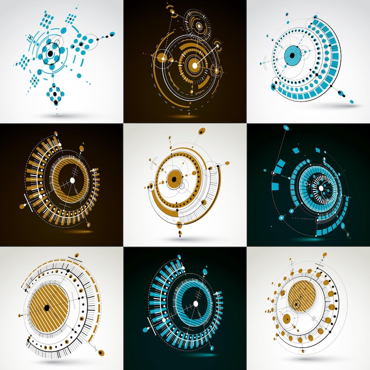 Vector collection of bauhaus wallpapers, art dimensional vector background made with lines and circles. graphic 1960s illustration can be used as booklet cover design. 3d technological pattern.