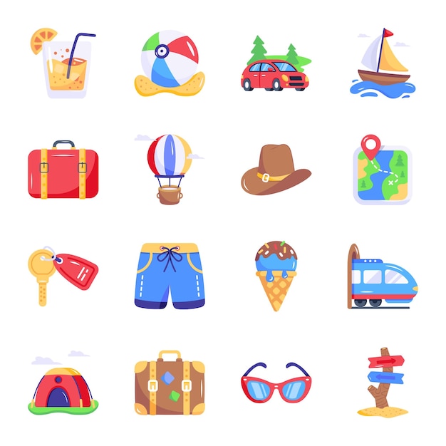 Vector collection of beach and camping flat icons