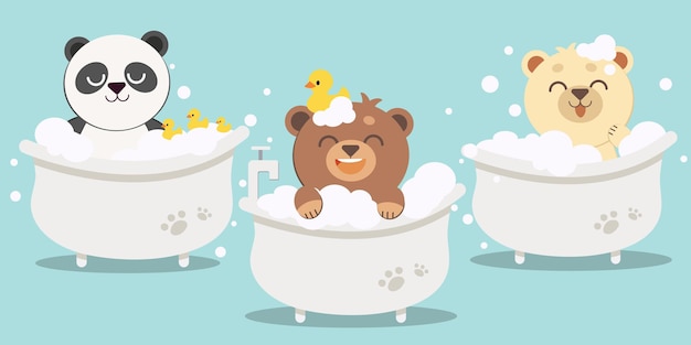 The collection of bear and friends with bathtub and duck rubber in flat vector style illustation ab