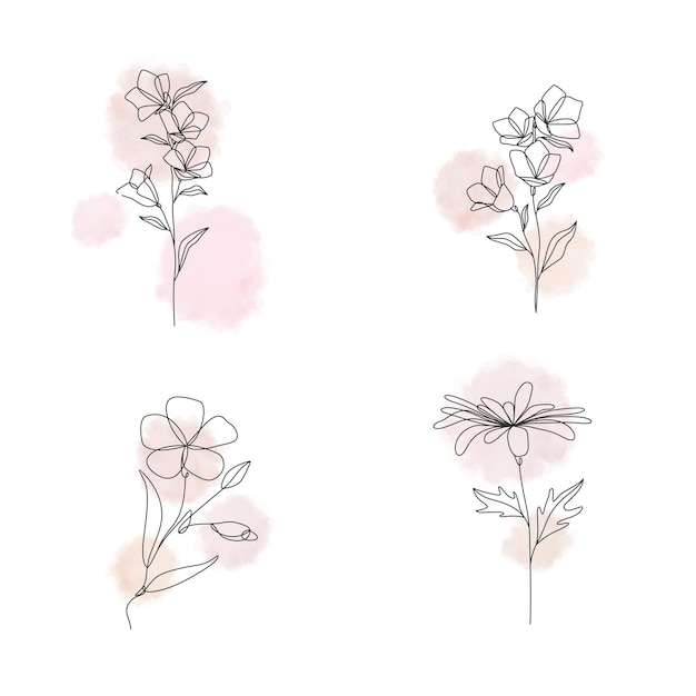 フェミニンなパステルミニマルラインアートスタイルの美しい花のイラストのコレクション