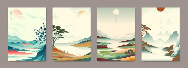 Vector a collection of beautiful landscapes in oriental style for decoration postcards covers etc