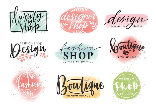 Vector collection of beautiful lettering hand drawn with elegant cursive font against colorful stains on background. vector illustration for fashion boutique logo, apparel store or designer shop logotype.