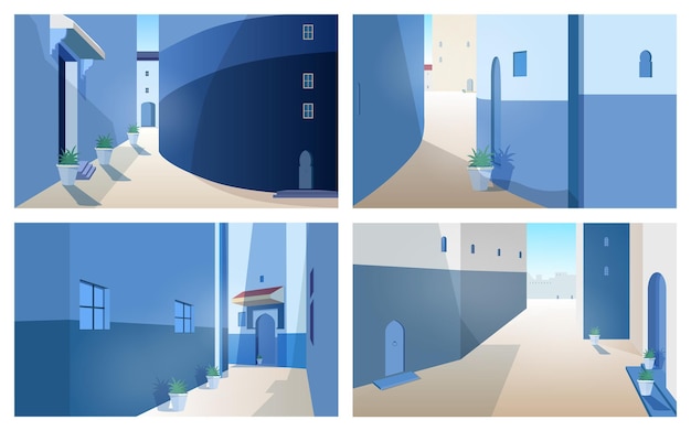 Vector collection of beautiful morocco landscapes with building walls, doors of traditional shape, outdoor plants growing in pots. set of gorgeous street views of ancient moroccan city. vector illustration.