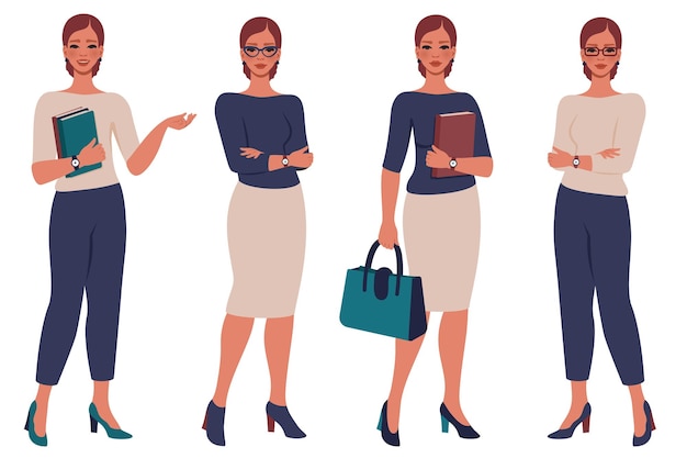 Collection of beautiful young women Female flat character in different poses Businesswoman office worker School or college teacher Education study business concept Vector cartoon illustration