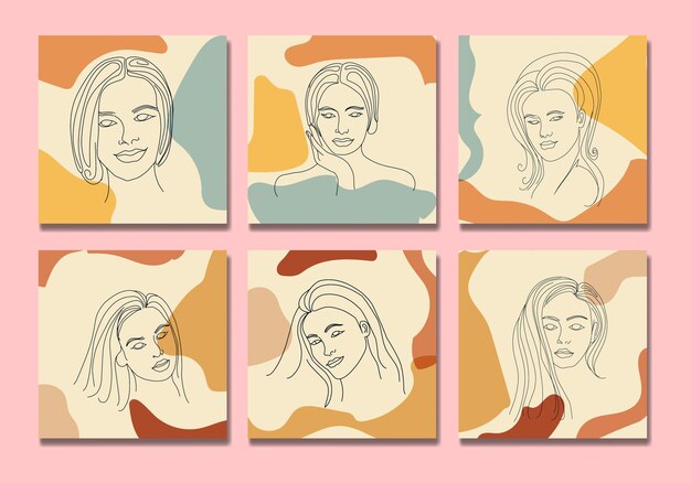 Collection of beauty woman face minimal hand drawn line art boho mid century