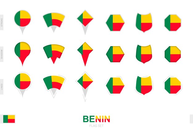 Vector collection of the benin flag in different shapes and with three different effects