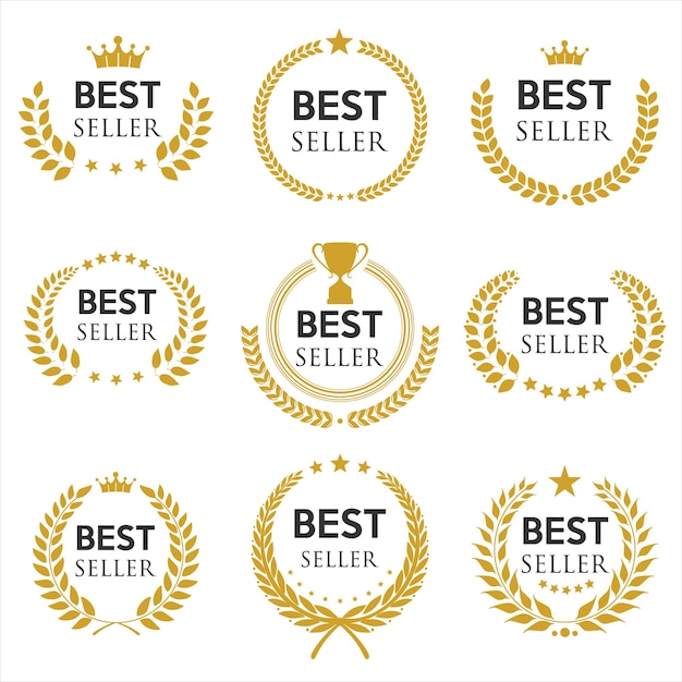 Collection of best seller golden laurel wreath vector illustration