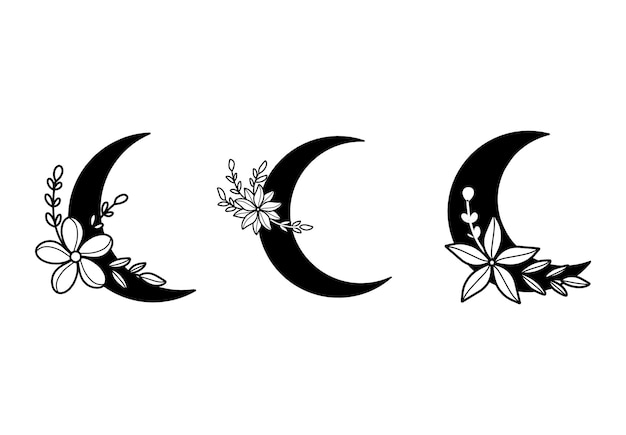 Коллекция черно-белая луна с цветочными иллюстрациями
