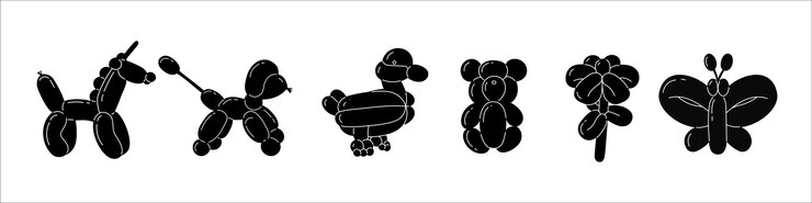Collection of black animals made from balloons and stickers with bubbles in trendy retro 2000 style