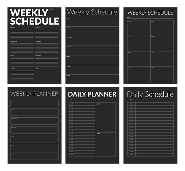 Vector a collection of black diary pages in a minimalistic style a modern business organizer with notes and goals planner page template