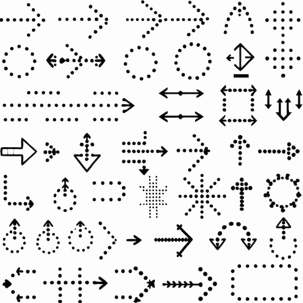 白い背景に隔離された黒い点矢印の方向標識と形状のコレクション