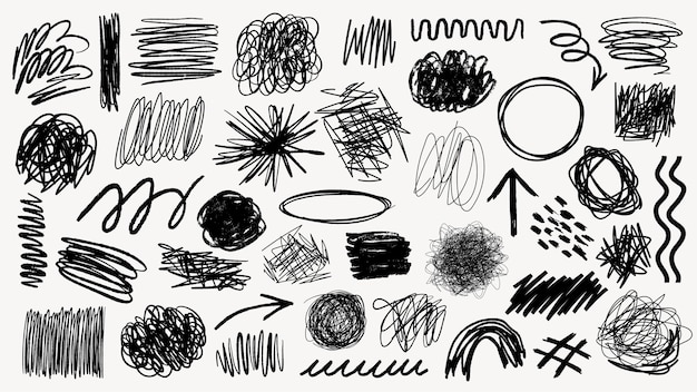 A collection of black ink scribble art illustration Set of black ink scribble in various design illustrations Illustration of black ink scribble art collection scribble lines art illustration