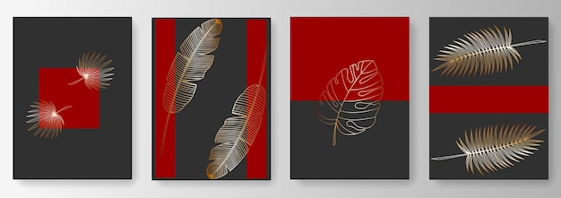 Collection of black and red backgrounds with gold tropical leaves