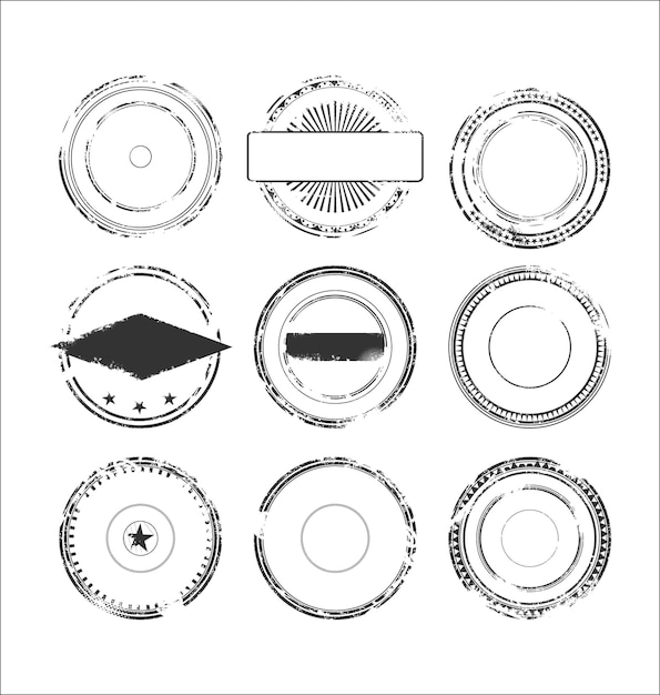 Vettore collezione di etichette di gomma inchiostro grunge timbro rotondo nero segno isolato su sfondo bianco