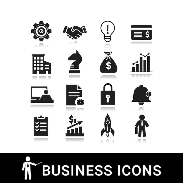 Collection of black silhouette business icons on white