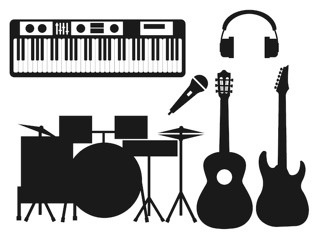 Vector collection of black silhouettes of musical instruments on a white background