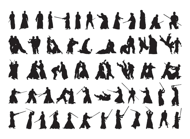 Collection of black silhouettes of people practicing aikido