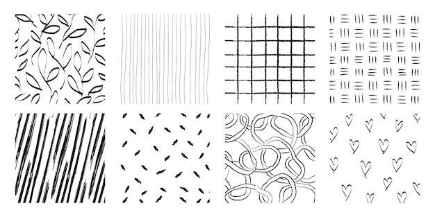 collection of black and white abstract patterns includes lines grids and hearts patterns vary in style featuring lines grids and abstract shapes doodle element isolated vector set