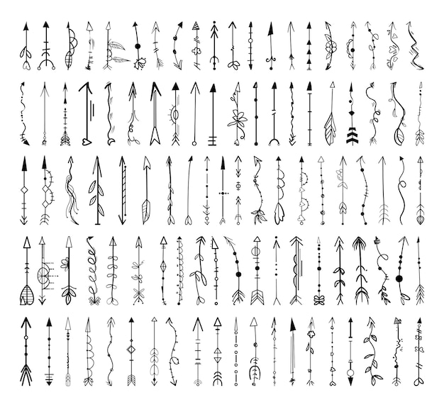 손 그리기 스타일의 흑백 화살표 컬렉션입니다. 문신, 스티커, 발렌타인을 만들기 위한 개체입니다.