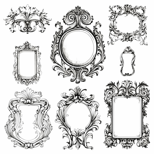 Collection of black and white baroque frame illustrations