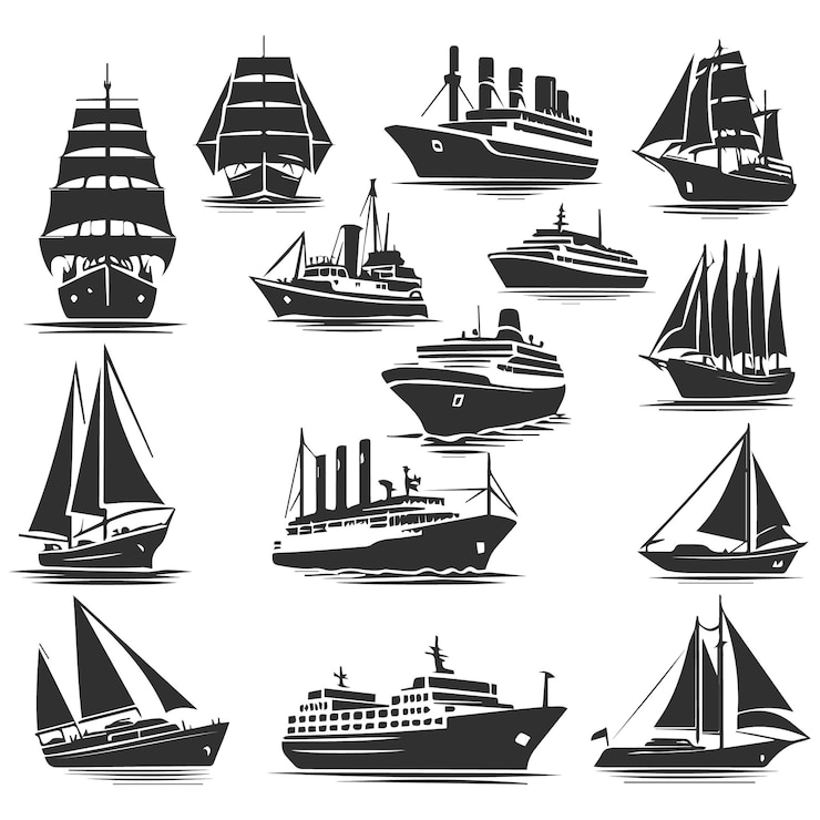 Vector a collection of black and white boats with a black sail