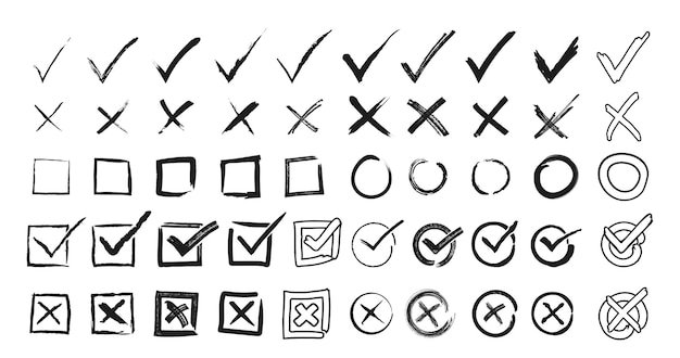 Collection of black and white checkmarks and crosses in handdrawing style