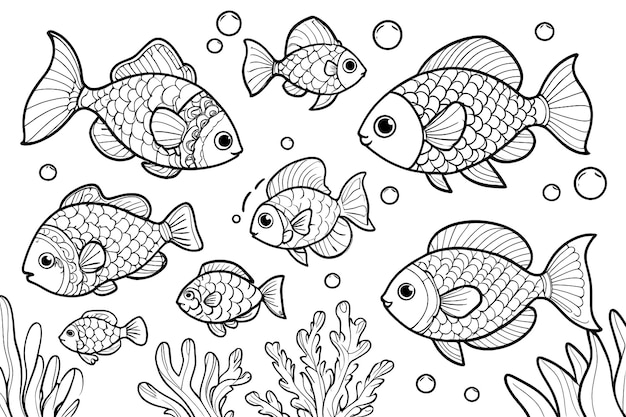 Vector collection of black and white doodle fishes